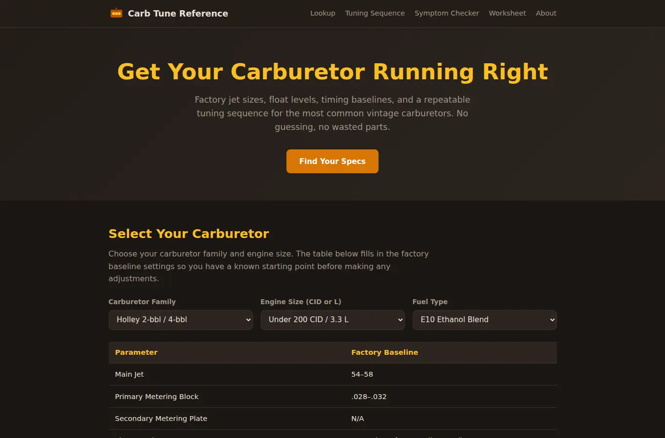 Screenshot of Vintage Carburetor Tune-Up Reference interface showing the project page in use